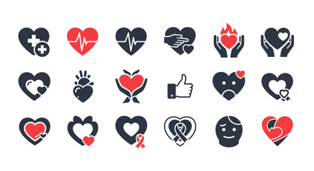 Heart and health care vector icons collection, medical heart symbols with pulse, love and care concepts, support and health awareness, hands holding heart, awareness ribbons and positive emotions