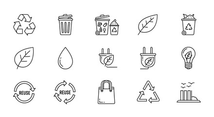 Ecology and recycle thin line icon set. Environment protection, green energy, waste sorting, and sustainability symbols. Eco friendly conservation vector icon collection.