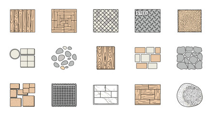 Set of architectural materials for landscape design. Floor plan textures. Top view swatches. Wood, stone, tile, steel, parquet, marble, pavers, pebbles icon collection.