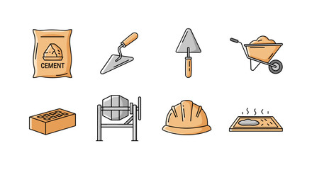 Set of construction icons for building and masonry work. Line art collection. Builder equipment. Cement bag, trowel, wheelbarrow, brick, concrete mixer, hard hat vector.