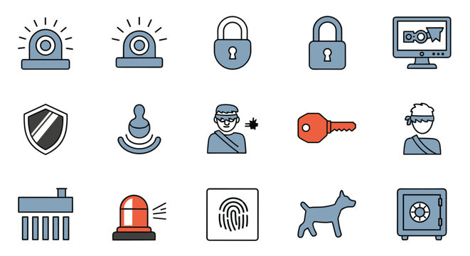 Security and protection icon set. Home alarm system, burglary, and crime prevention symbols. Vector icons for thief, cctv, surveillance, fingerprint, lock, key, and safe. - Powered by Adobe