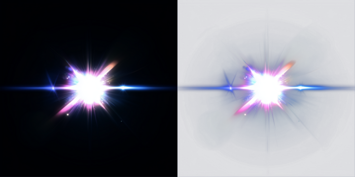 Bright light burst overlay on contrasting backgrounds, showcasing vibrant colors and dynamic energy, ideal for creative projects and visual enhancements with copy space