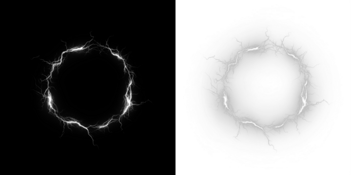 Electric lightning circle overlay on contrasting backgrounds, showcasing dynamic energy and visual impact for creative design applications and artistic projects