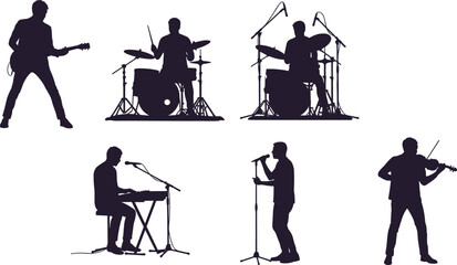 Musician Silhouettes Playing Guitar, Drums, Keyboard, Violin, and Singing, Depicting Live Band Performance in Vector Art Style