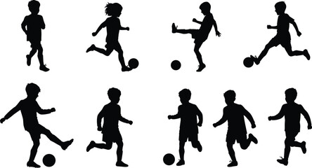 Children Playing Soccer Silhouettes, Kids Kicking Ball, Running and Standing Poses, Football Game Vector Illustration, Sports Activity, Outdoor Play Design