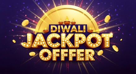 Diwali jackpot offer with glowing text and festive lights, celebrating the indian festival of lights with a grand prize announcement and golden coin
