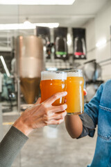 Hands clinking glasses of fresh craft beer, celebrating success at a modern beer production industry facility