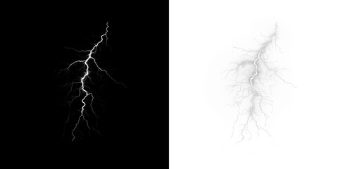 Lightning bolt illustration with dramatic contrast on black and white backgrounds, showcasing electric energy and dynamic movement, perfect for creative design projects and overlays