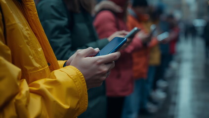 Diverse Group Of People Using Mobile Phones Outdoors In A Row