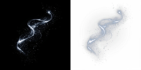 Naklejka premium Abstract sparkling swirl design with luminous particles on contrasting backgrounds, showcasing a dynamic flow and ethereal quality, perfect for creative projects and digital overlays