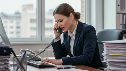 Stressed businesswoman on the phone in a cluttered office - Powered by Adobe