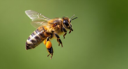 Close-up of a busy bee with pollen on its legs flying in a soft green blurred background