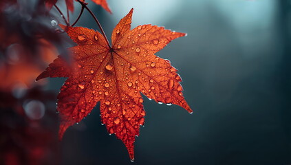 Beautiful Autumnal Red Maple Leaf With Rain Droplets On Surface