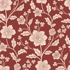 Obraz premium Monochrome floral pattern intricate arrangement of blooming roses, leaves, and delicate buds. high-resolution fabric prints, wallpapers, digital backgrounds. fashion textiles, home decor, dress prints