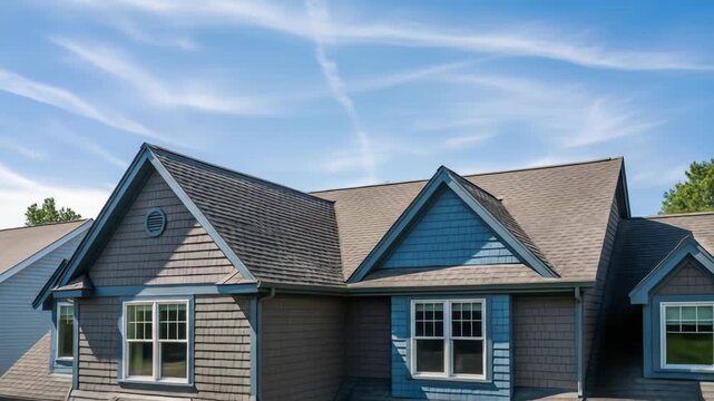 House facade with dormers under a partly cloudy sky, two-story, blue trim