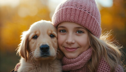 Young Girl Hugging Adorable Golden Retriever Puppy Outdoors In Autumn Sunlight