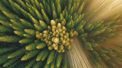 Close-up aerial of green wheat spikes in radial pattern with soft golden highlights. Natural crop texture emphasizing organic farming, harvest, and agricultural beauty.