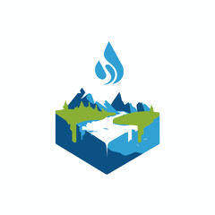 Obraz premium Stylized nature landscape block with mountains, river, and water droplet. Eco-friendly design for clean water and environmental sustainability.