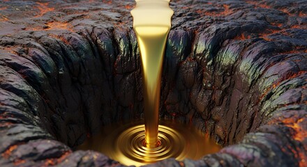 Stunning golden liquid flowing into a volcanic crater, creating vibrant ripples and a sense of powerful transformation and molten wealth