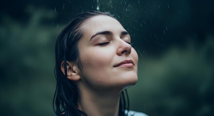 Serene woman embracing nature's beauty, eyes closed in refreshing rain, a moment of peace and mindful connection with the elements, evoking wellness and calm