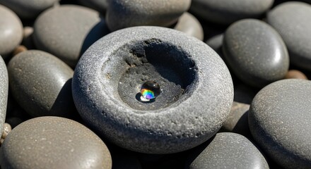 Discover the magic of a rainbow refraction in a water droplet nestled inside a smooth gray stone, a symbol of nature's beauty and tranquility