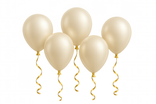 Group of creamy white celebration balloons with shiny golden ribbons, floating in the air, creating a festive party decoration