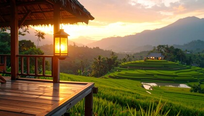Obraz premium Balinese wooden hut overlooking terraced rice fields at sunset with warm golden light and mountain view