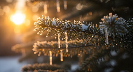 Winter sunlight on evergreen needles with ice crystals