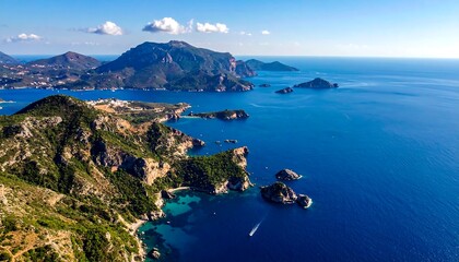Fototapeta premium Aerial view shows rocky coastline, clear turquoise water, distant islands, and mountainous landscape