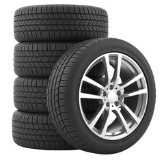 Obraz premium Stacked automotive tires featuring radial design, isolated against a transparent presentation