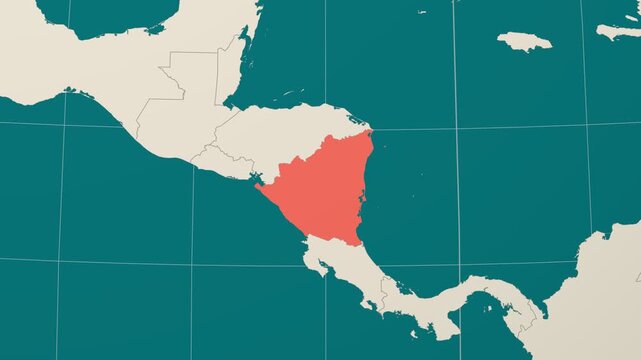 Nicaragua map. Animated zoom into the country on the Globe in Teal Pale Mint color palette. Country logo animation. Map with meridians, parallels. Classy video.