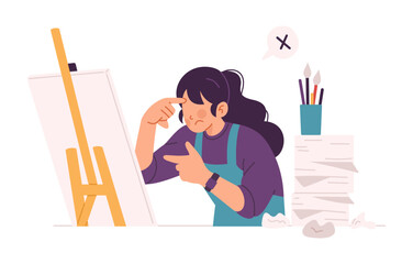 Illustration of female artist frustrated with her painting, doing framing hands gesture, surrounded by crumpled papers. Concept of perfectionism and creative struggle