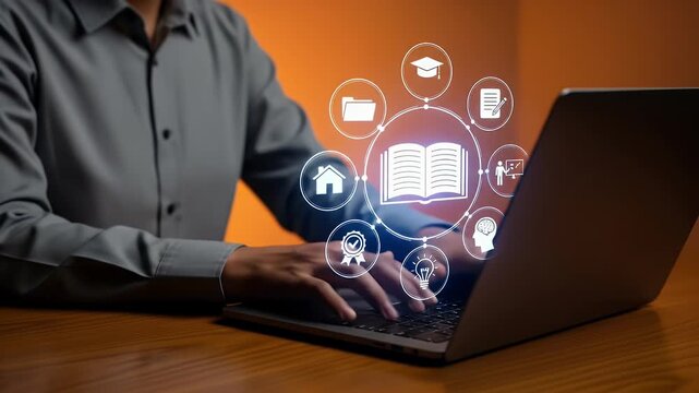 E-learning and online education concept. Online training programs and personalized learning. Person using laptop with E-learning icons on interface screen.
