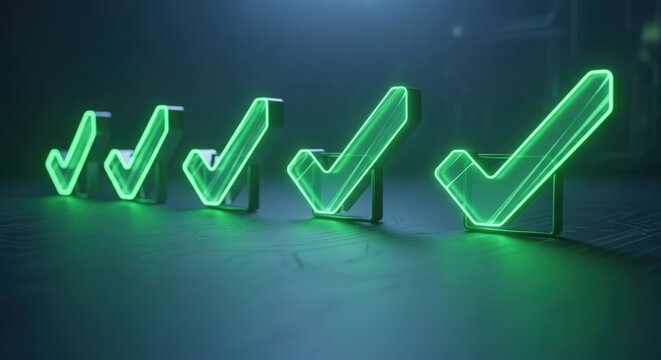 Digital checkmark icons arranged in a row, glowing green holographic effect, concept of approval or validation, dark background
