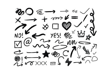 Obraz premium Collection of hand drawn doodle arrows circles checkmarks hearts stars and symbols on white background