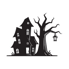 Vector art of haunted house silhouette with tree and lantern