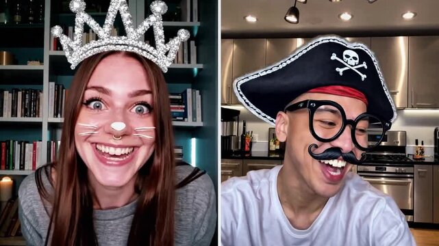 Happy young man and woman laughing and making funny faces while using augmented reality filters during a long distance relationship video call