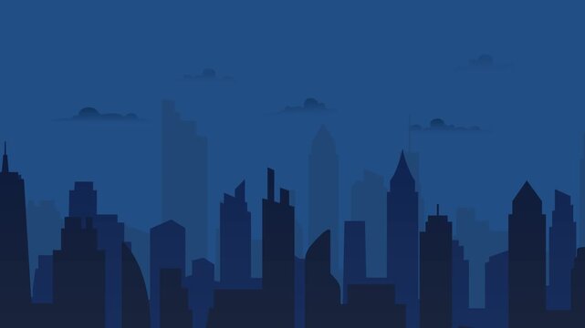 City skyline nighttime smooth zoom animation with floating clouds