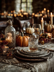 Rustic autumn table setting with cozy ambiance features glass, plates, and pumpkins, surrounded by candles and warm lighting