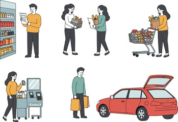 Grocery shopping, supermarket routine, shopping cart, checkout process, daily errands, food purchase, retail scene, lifestyle illustration