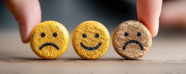 Hand arranging emotive smiley faces showcasing various moods on a wooden surface