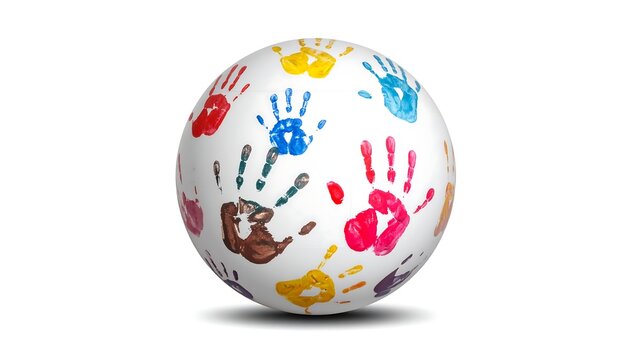 A white orb, adorned with vibrant, multicolored handprints, symbolizing unity and diversity