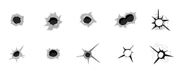 Bullet hole gun set shot weapon silhouette, impact impact marks gun, bullet hole gunshot. Damage from shoot.