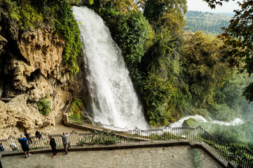 Famous Edessa waterfall in northern Greece surrounded by lush greenery. Natural landscape captured on a sunny day