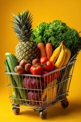 A shopping cart loaded with various fresh fruits and vegetables against yellow