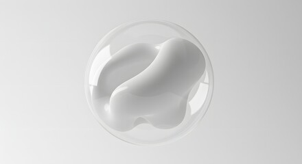 A white organic form encapsulated in a transparent sphere against a gradient white background