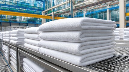 Neatly Stacked White Towels in Modern Industrial Laundry Facility with Bright Clean Background