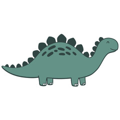 A cute, smiling green Stegosaurus dinosaur illustrated in a simple cartoon style on a white background.