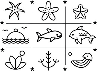 Whimsical hand drawn nautical tic tac toe grid featuring starfish dolphins buoy seaweed and jellyfish with star accents for childrens beach ocean themed designs