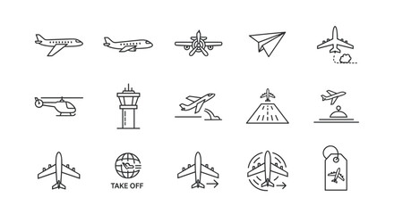 Airplane line icon set for aviation and travel. Includes flight, airport, helicopter, air traffic control tower, runway, takeoff, landing, paper plane and transport symbols.